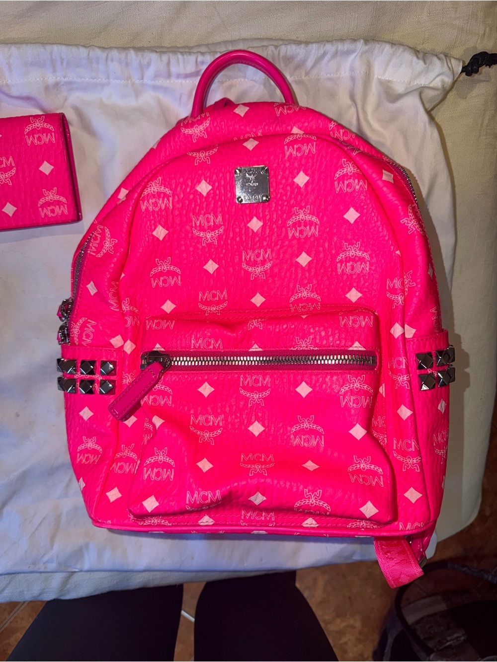 MCM Hot Pink Logo Backpack with Stud Details - Picture 4 of 8